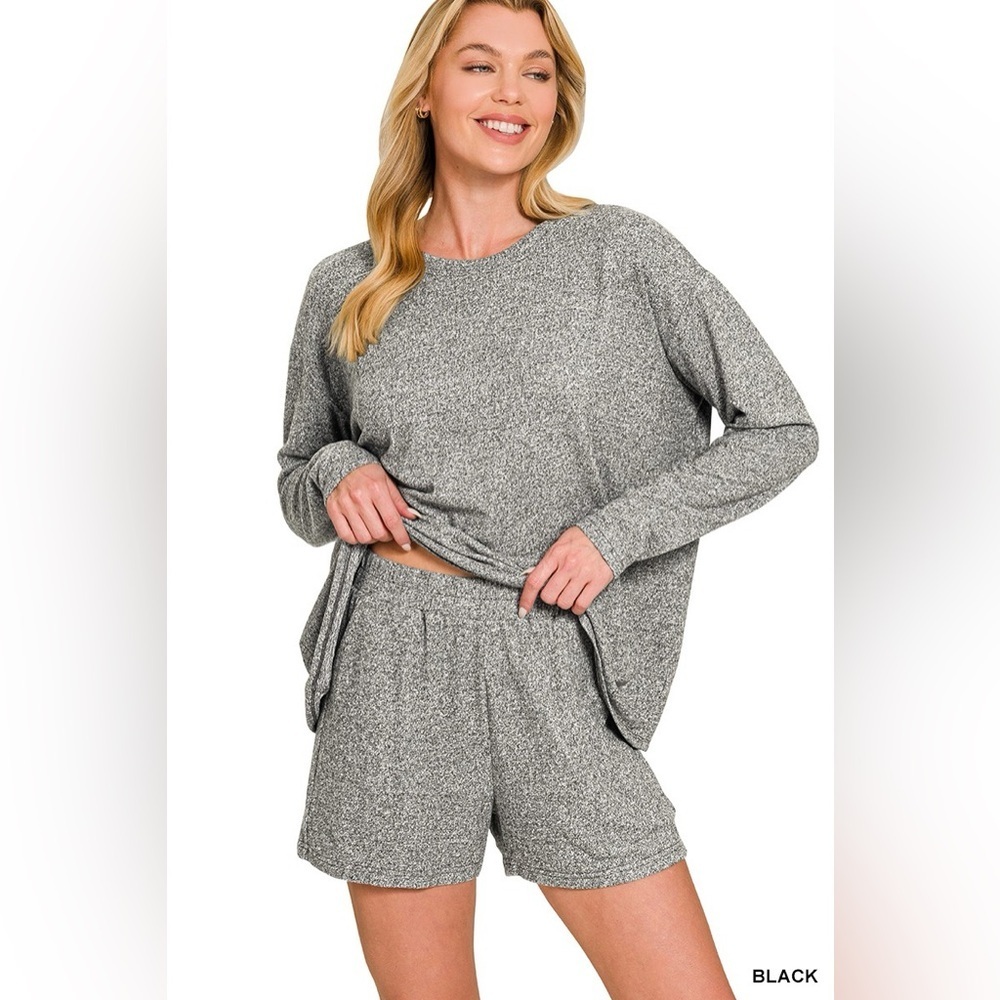 Zenana Soft Melange Long Sleeve Tee and Shorts Set